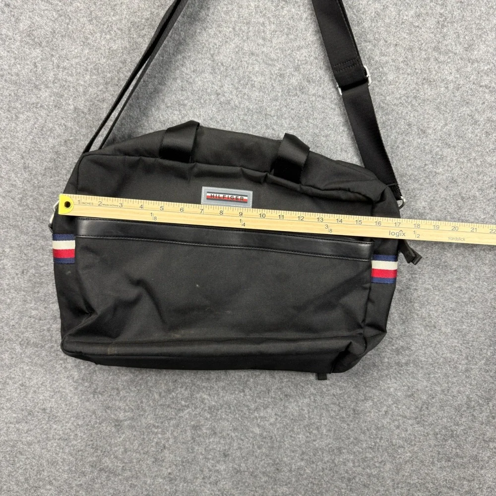Tommy Hilfiger Mens Black Canvas‎ Messenger Bag Laptop Crossbody Stripe Accent